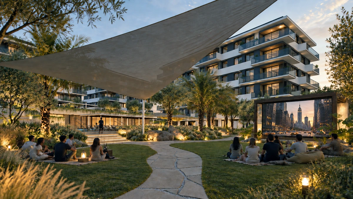 Residents gathering for an outdoor cinema evening on the landscaped lawn between the residences.