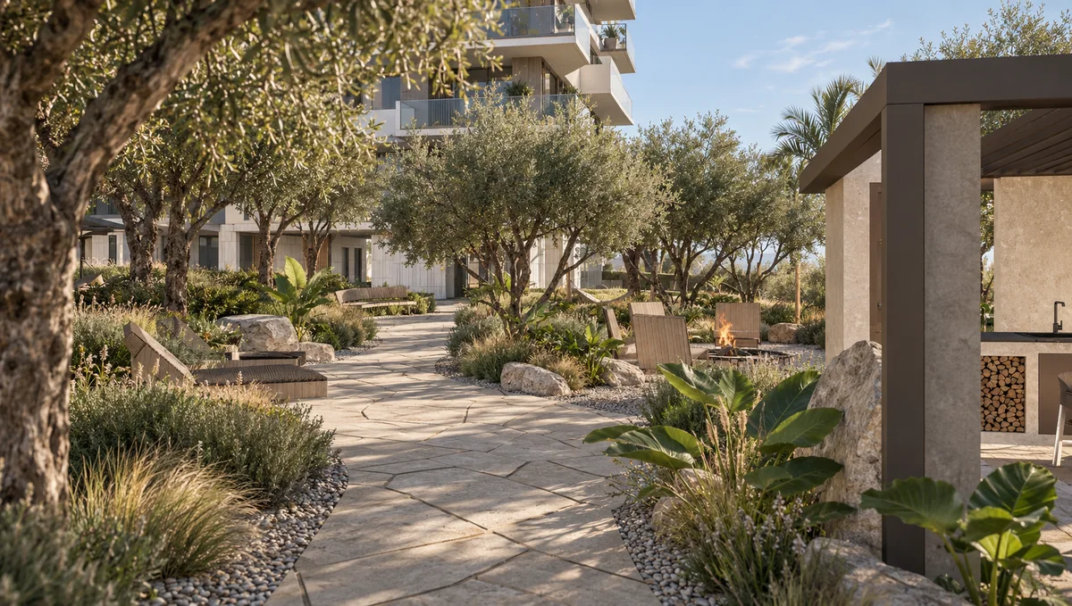 Stone garden path winding between olive trees, planted borders and outdoor seating.