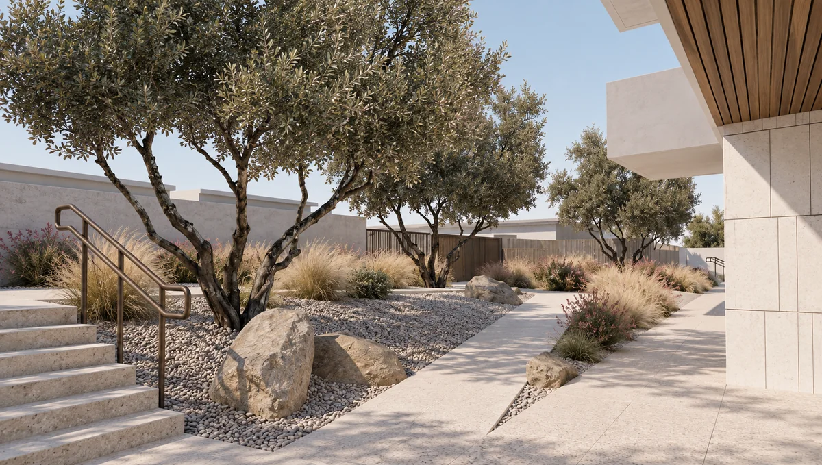 Stone steps and a garden path beneath mature olive trees beside the residences.