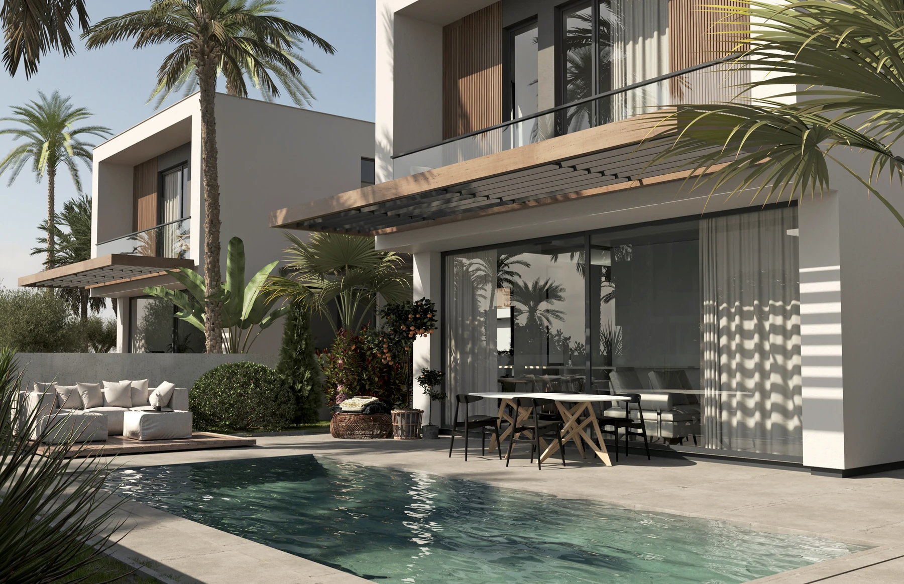 Modern villas with a private pool, shaded terrace and tropical planting.