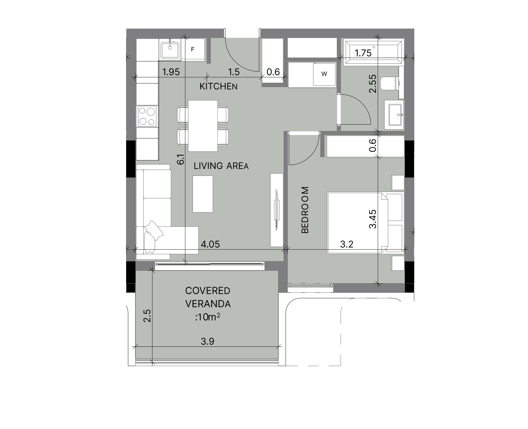 1-bedroom apartment floor plan with room dimensions and covered veranda.