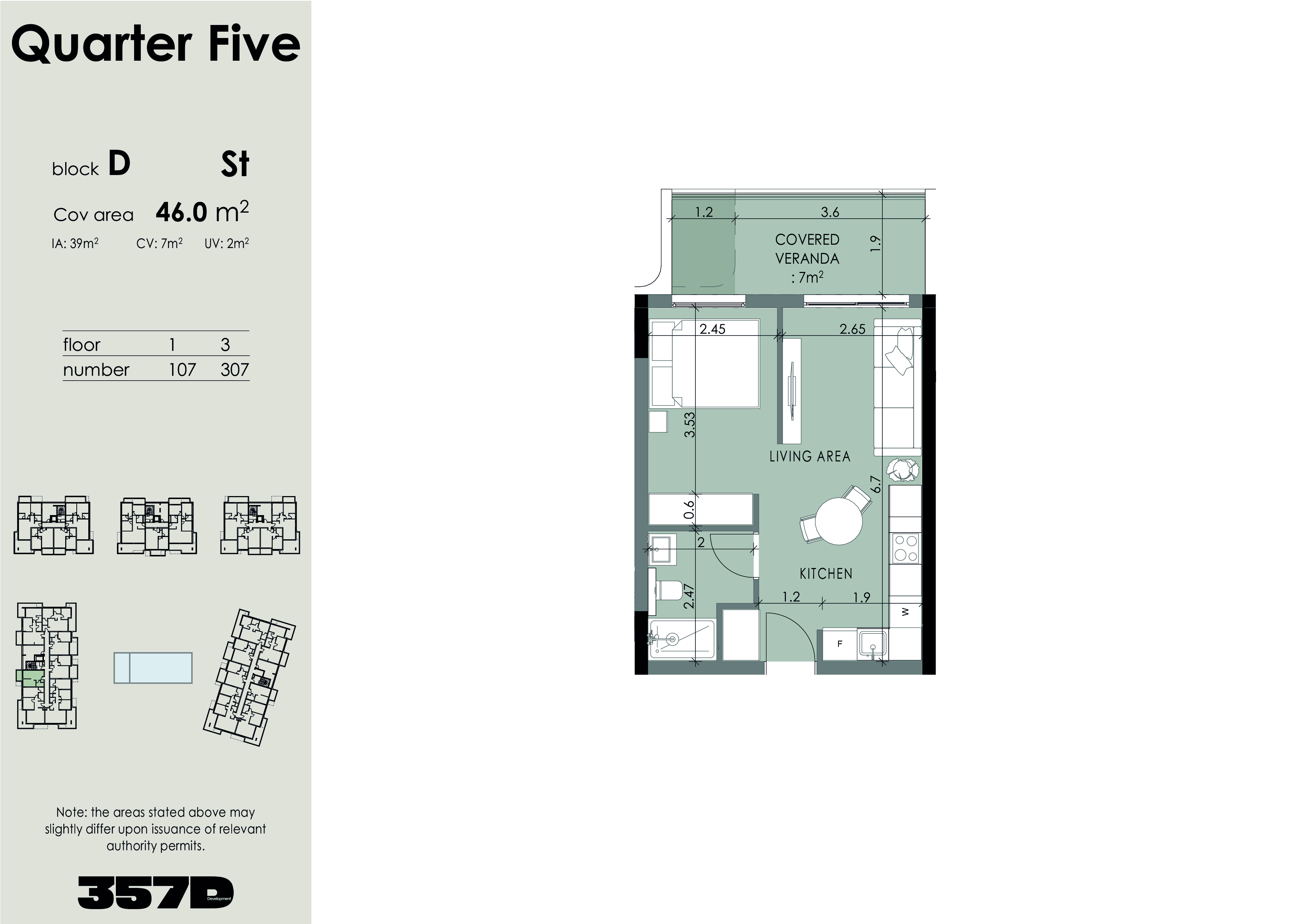 Studio floor plan with room dimensions and balcony.