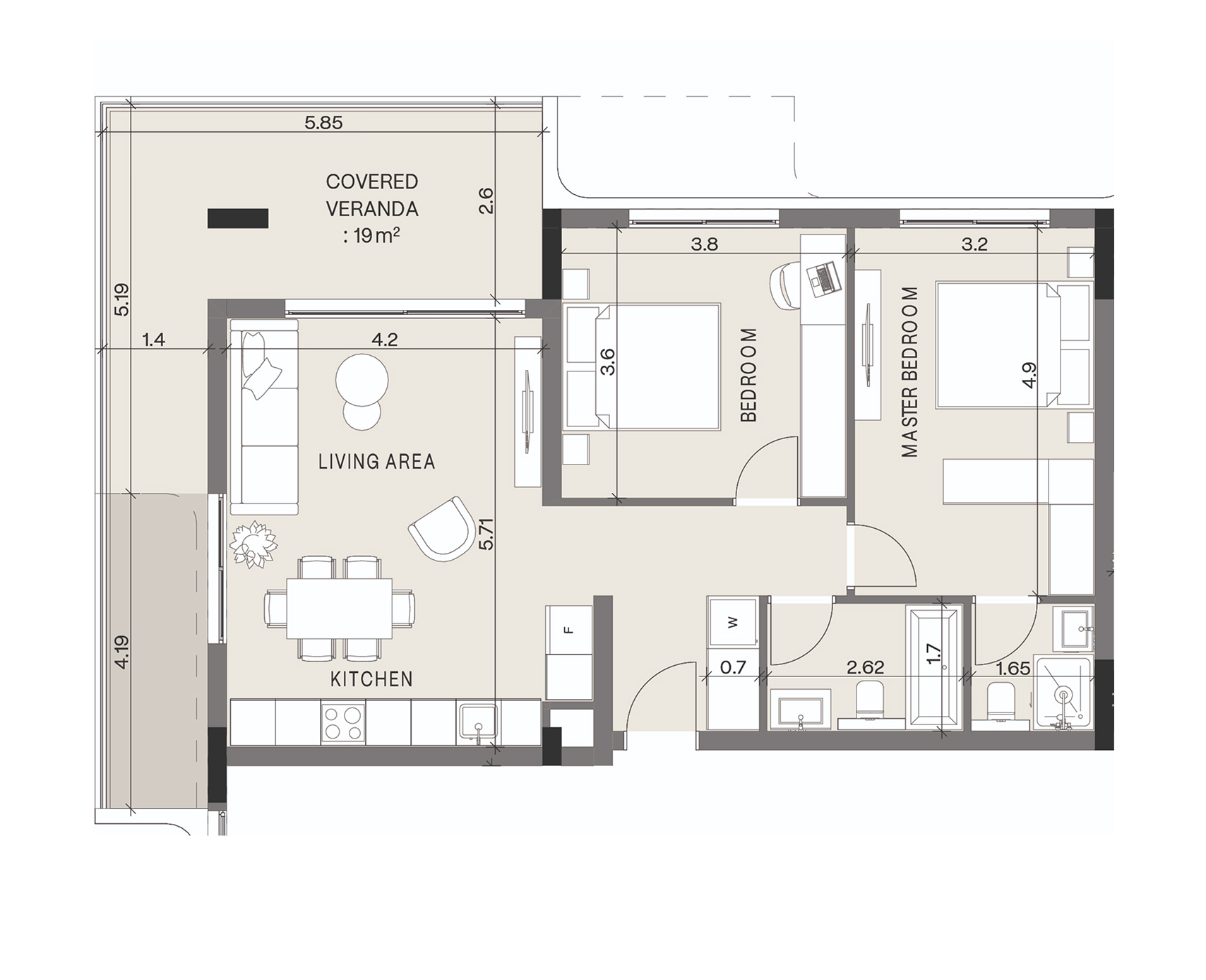 2-bedroom apartment floor plan with room dimensions and covered veranda.