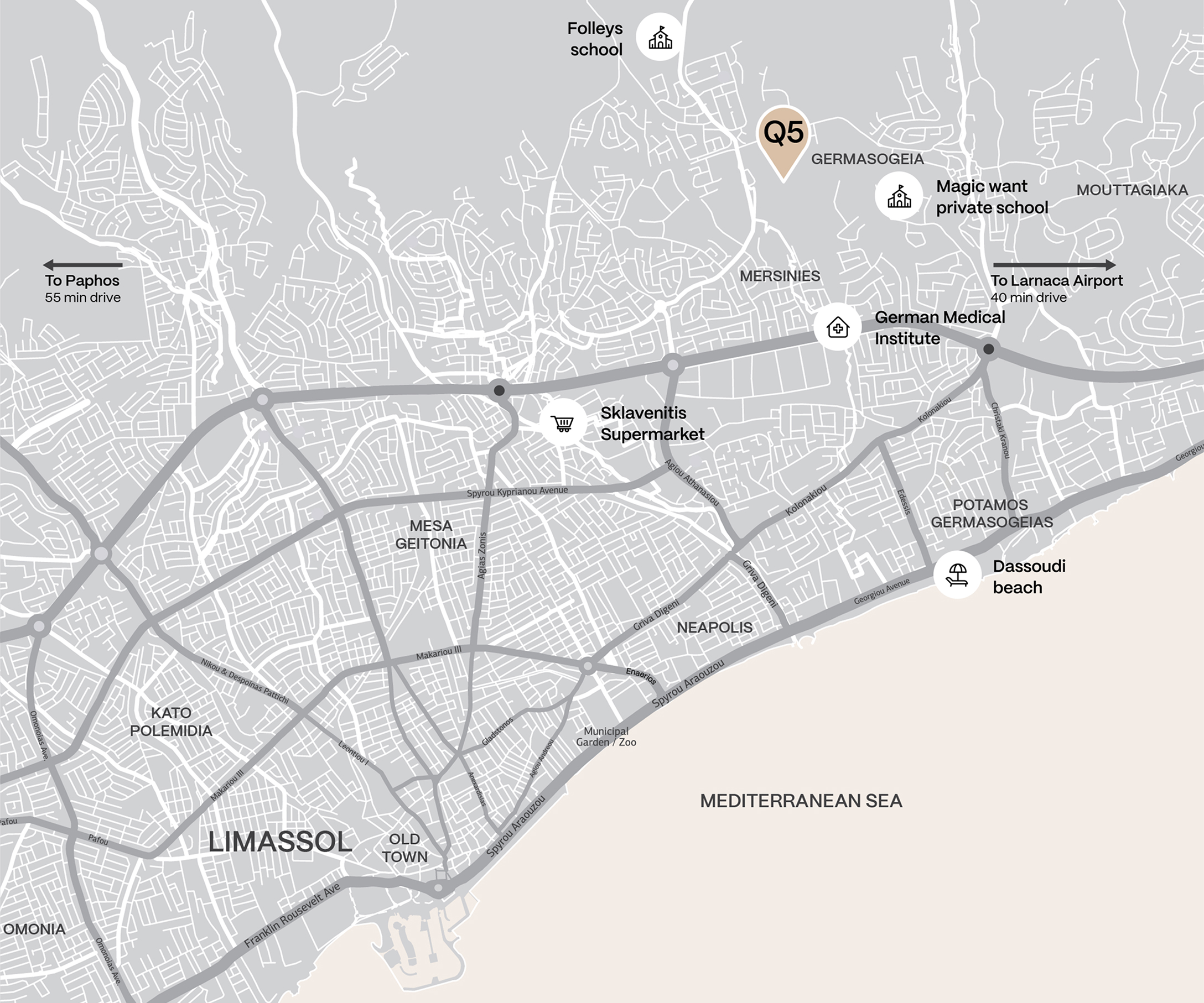 Map showing QUARTER FIVE in Germasogeia, with nearby schools, the German Medical Institute, Dassoudi beach and Sklavenitis supermarket