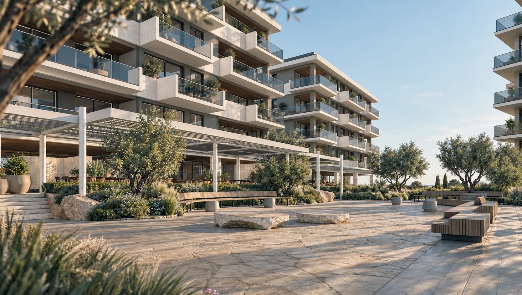 Contemporary residences overlooking a landscaped courtyard with stone seating and olive trees.