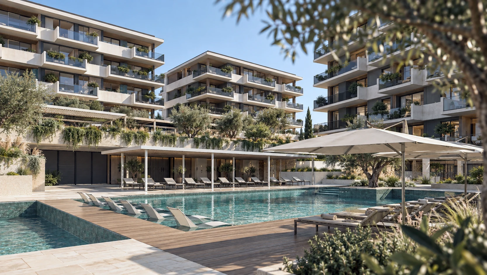 Poolside loungers and umbrellas surrounded by residences and gardens.